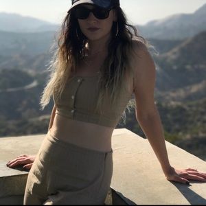 Leith | Two-piece Beige Pinstripe Crop Set | S | Cotton & Linen |